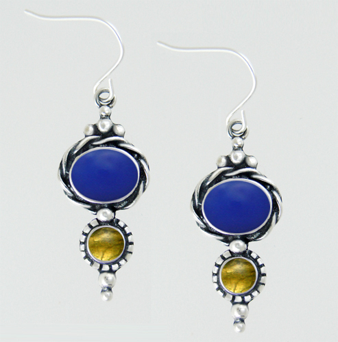 Sterling Silver Drop Dangle Earrings With Blue Onyx And Citrine